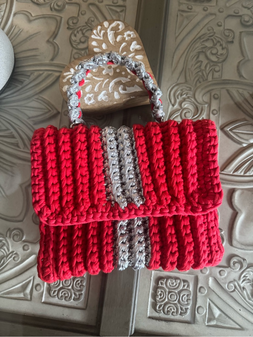 Bonita Bolso Handcrafted Red Crochet Tote with Silver Accents by Yvonne